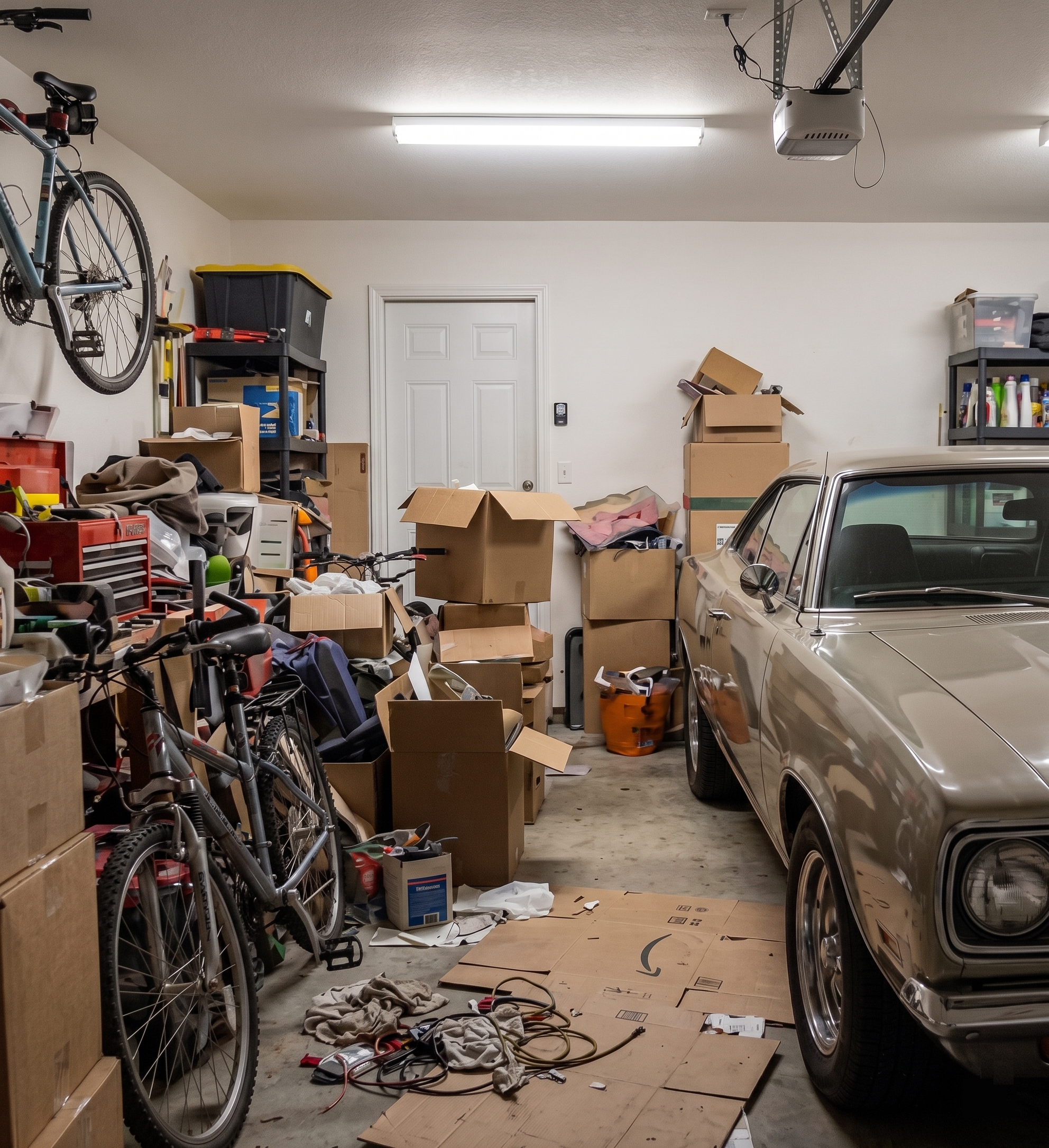 Garaje desordenado lleno de cajas, bicicletas y herramientas