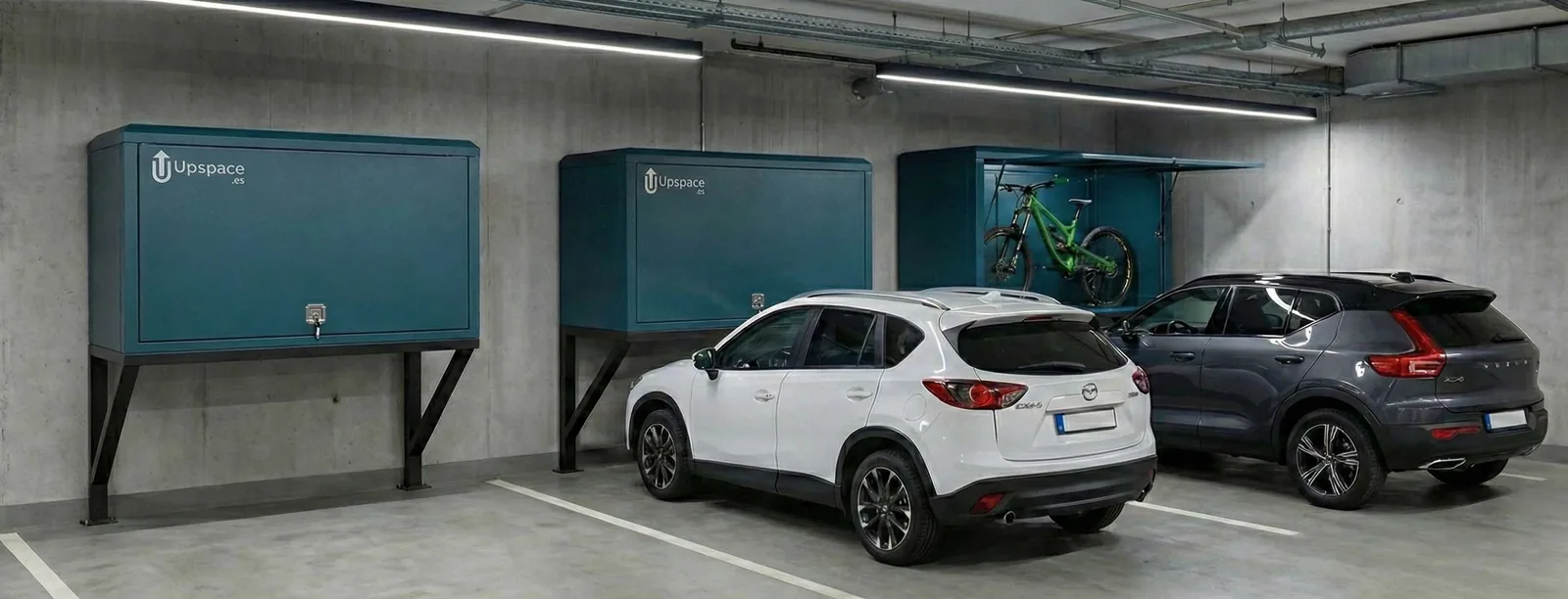Recreación generada con IA: UpSpace Lite One sobre una plaza de garaje